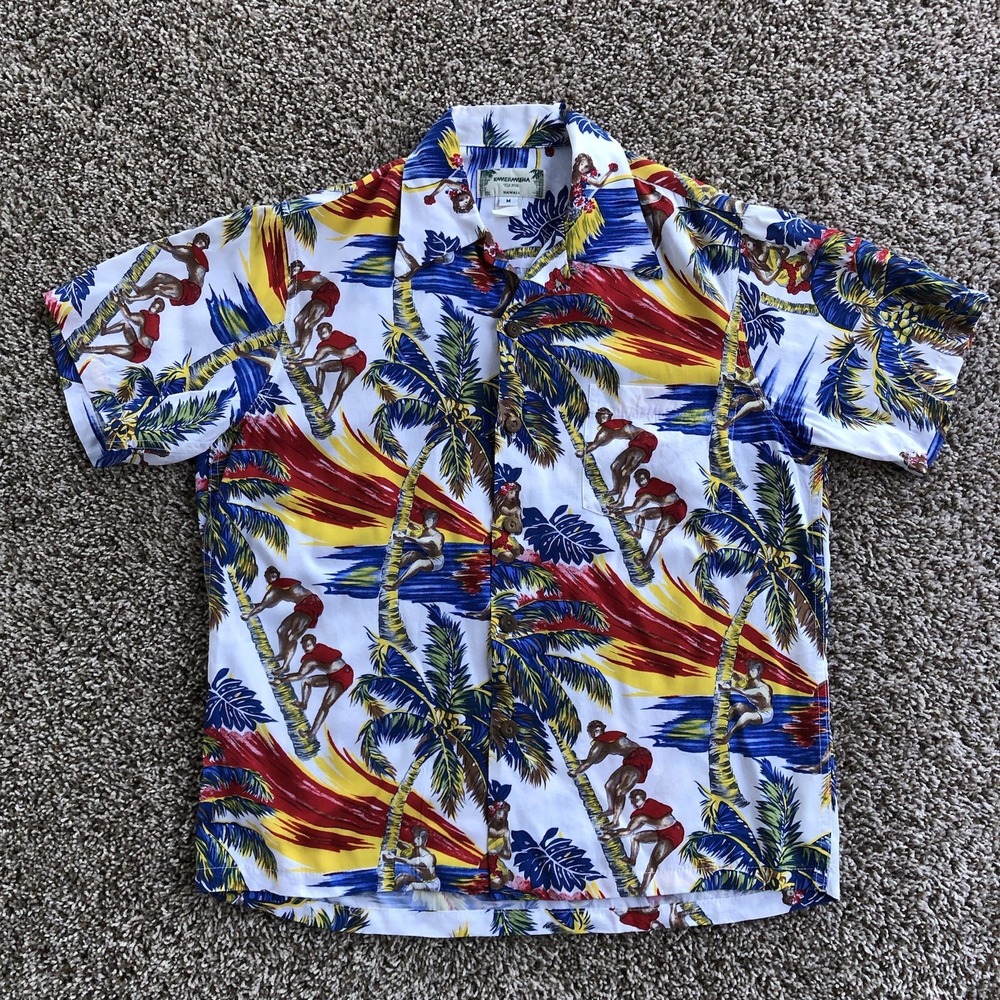 Vtg Kamehameha Hawaiian Shirt Mens M Aloha Palm Tree Print Loop Collar Rayon EUC